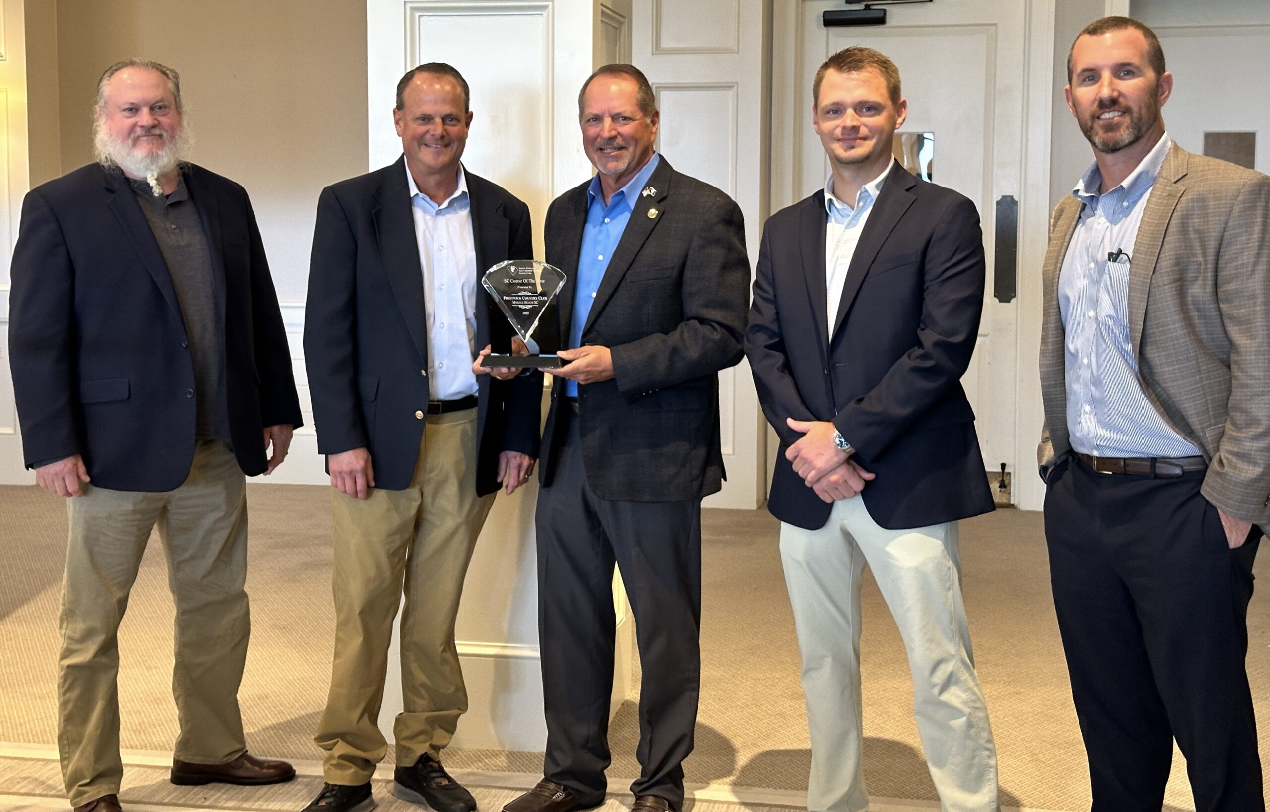 Pictured (l to r) Paul Kaufman, Superintendent, Prestwick Country Club; Jay Smith, General Manager, Prestwick Country Club; Rock Lucas, SCGCOA President; Ryan Wilkinson, PGA, Head Golf Professional, Prestwick Country Club; and Dustin Formo, CFO, The Jackson Companies (ownership company of Prestwick). Photo courtesy of Jay Smith